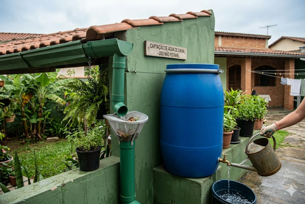 Sistema caseiro com tambor de plástico azul para captar água da chuva e economizar em casa de forma segura.