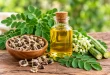 Sementes, folhas e óleo de moringa em composição natural