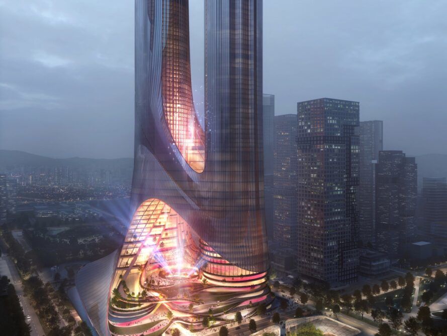 renderização de edifício com duas torres de vidro iluminadas por luzes rosa ao anoitecer