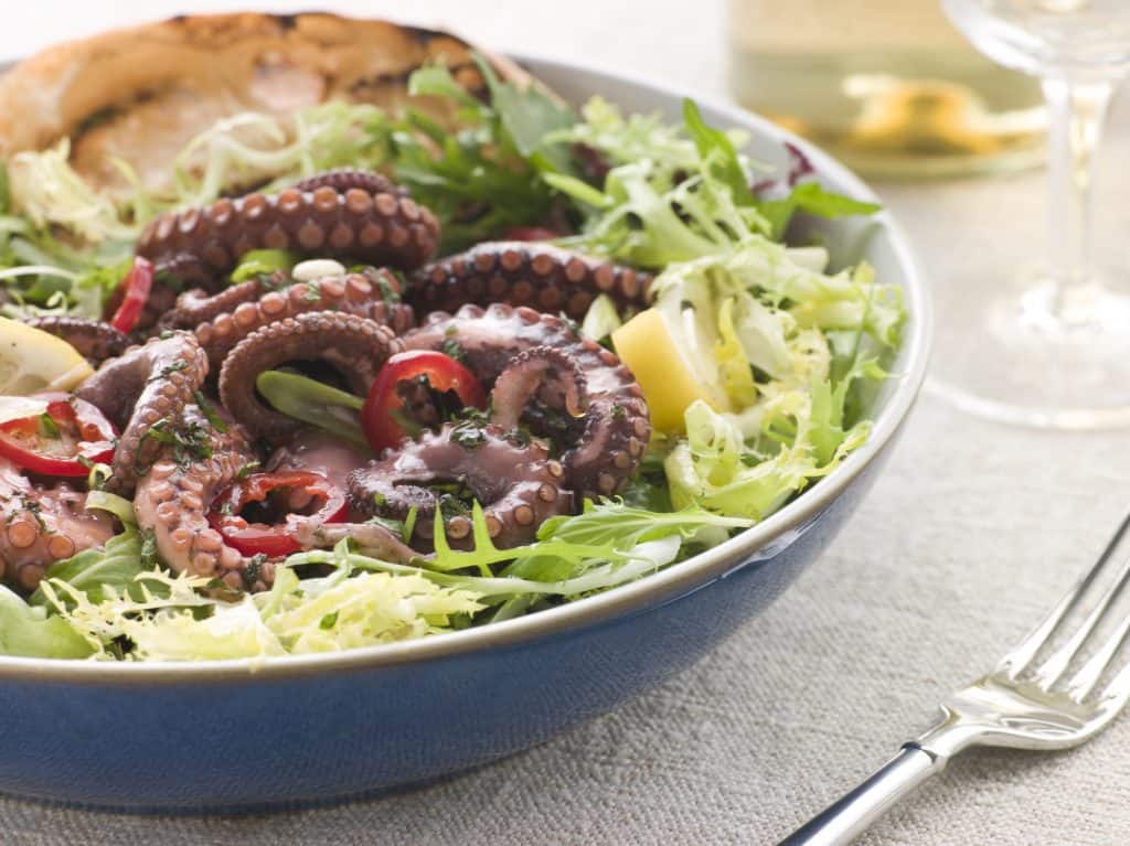 salada de polvo com legumes numa tigela