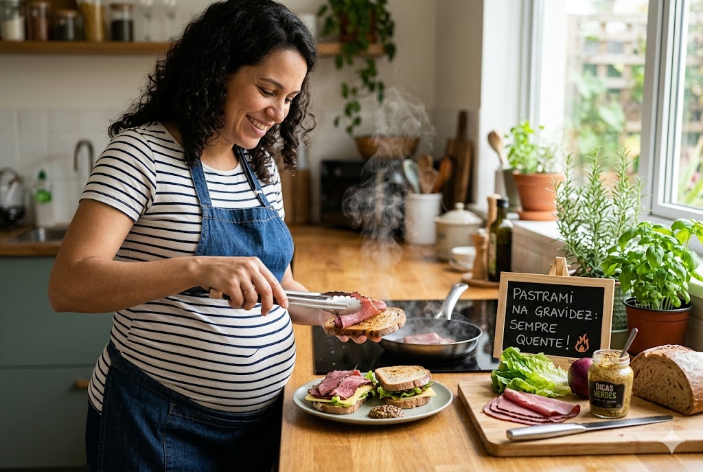 Mulher grávida na cozinha preparando um sanduíche com fatias de carne quentes e defumadas. Ao lado, sobre o balcão, há um pequeno quadro negro com a inscrição em destaque pastrami na gravidez.