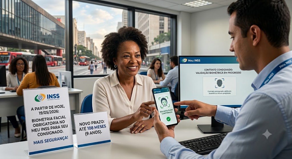 Mulher aposentada sorrindo ao realizar a validação por biometria facial em um smartphone para contratação segura de empréstimo consignado INSS.
