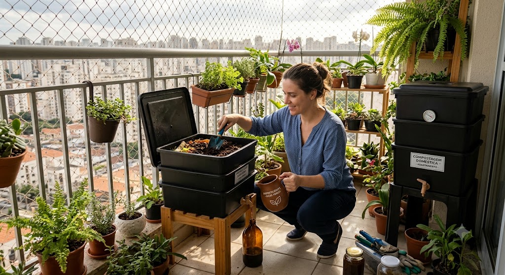 Após fazer compostagem em casa. Pessoa coleta adubo líquido biofertilizante de uma composteira doméstica na varanda de um apartamento com plantas. 