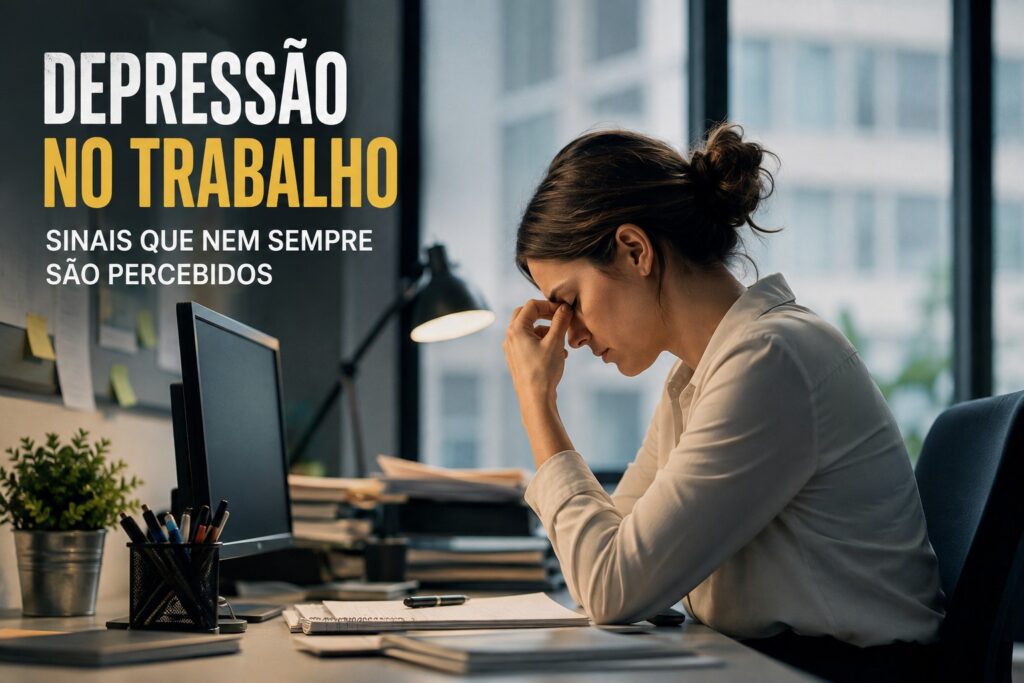 Mulher apresentando depressão no trabalho e pode passar despercebida 