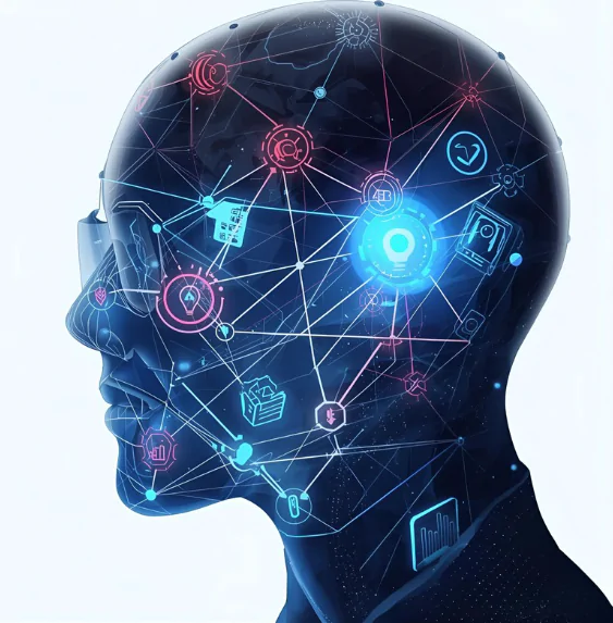 Imagem ilustrativa sobre ferramentas de IA que ajudam no trabalho, com ícone de cabeça tecnológica e lâmpada de ideias.